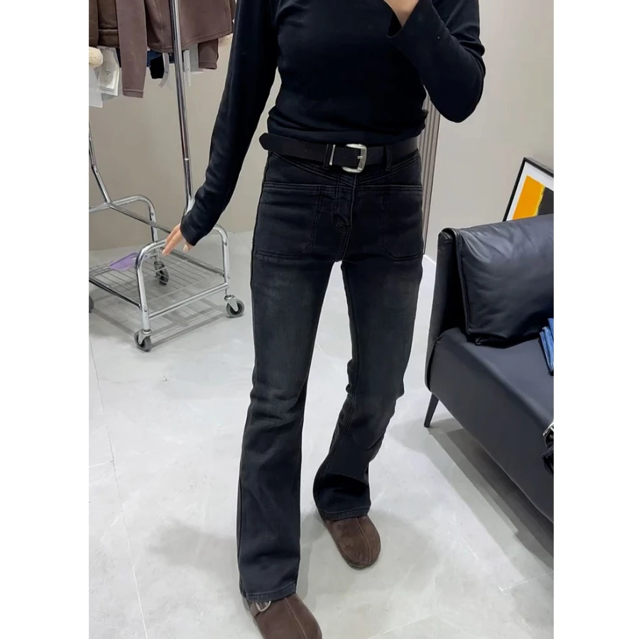 黑灰微喇牛仔裤女2025秋冬加绒大码高腰百搭弹力显瘦修身喇叭长裤