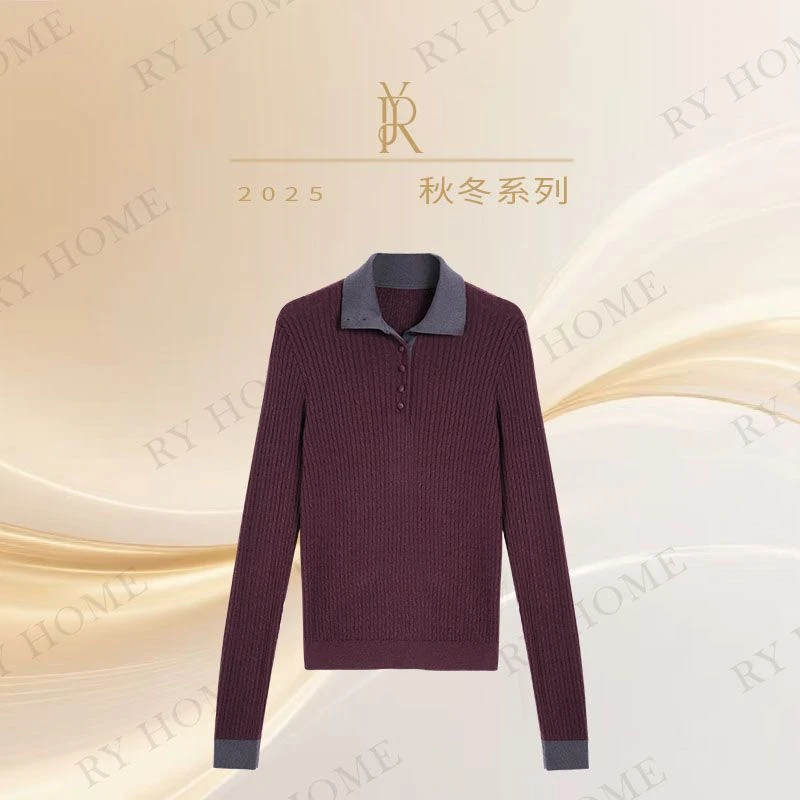 【容雨RYHOME】绵羊毛混纺秋冬撞色POLO领条纹羊毛针织衫253M3146
