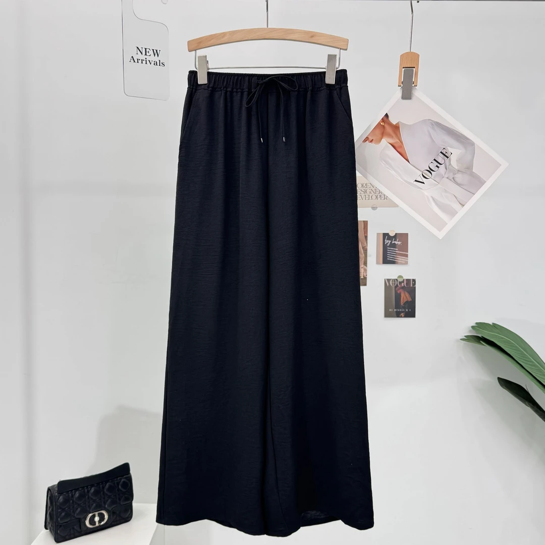 B438高端定制腰部抽绳休闲慵懒风阔腿裤垂垂轻薄透气纯色简约