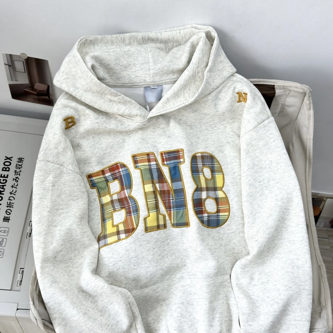 美式复古格子贴布字母秋冬季慵懒休闲宽松连帽卫衣女情侣帽衫外套