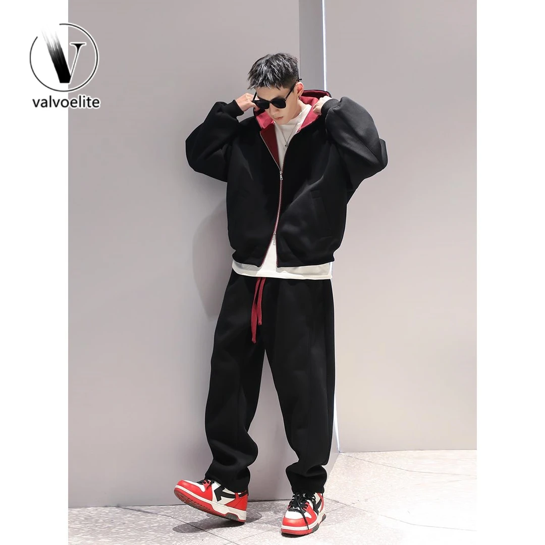 VALVOELITE重磅拉链连帽卫衣套装男士2025春季新款宽松运动两件套