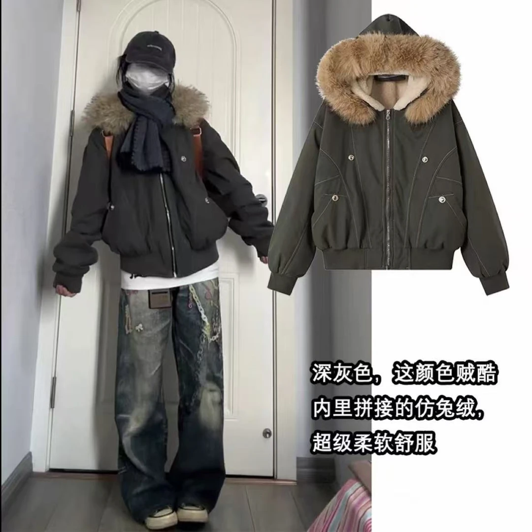 美式防寒潮流复古2025外套毛领冬季加厚棉服连帽短款棉衣高级