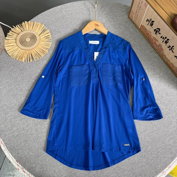 8881半袖前短后长通勤薄款V领休闲T恤