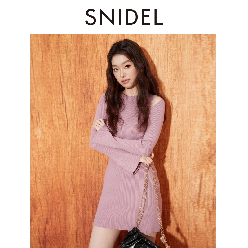 SNIDEL2025秋冬新品气质圆领挖孔露肩长袖针织连衣裙SWNO254321