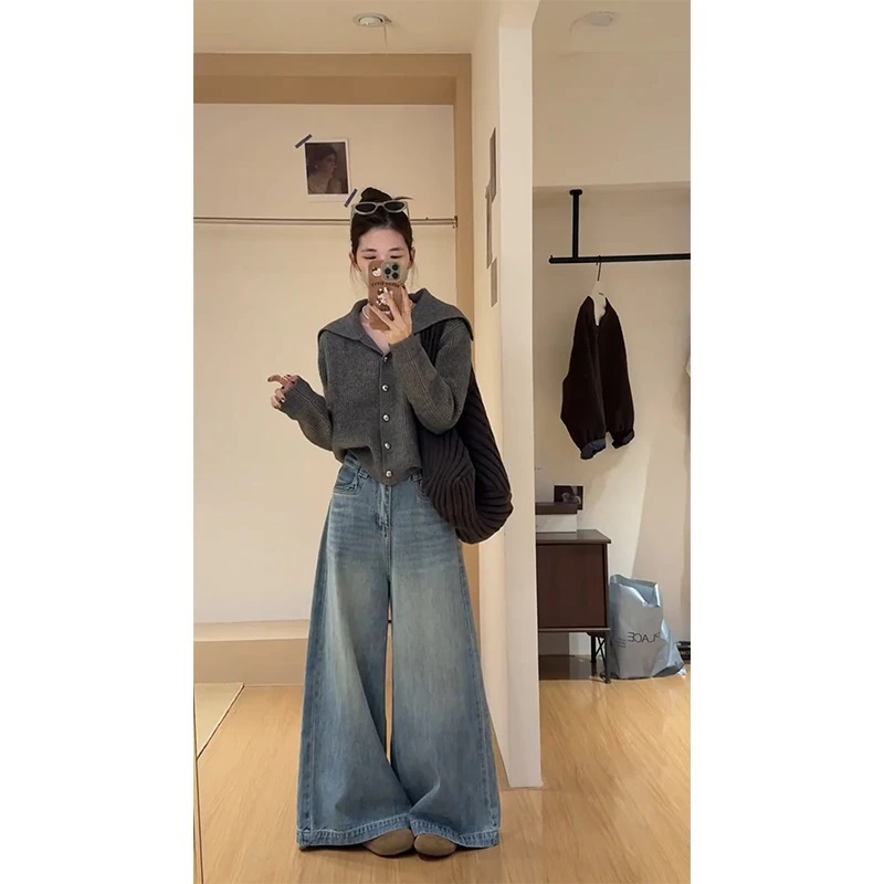 parkyeon秋冬新款气质通勤软糯翻领针织衫毛衣高腰阔腿牛仔裤套装