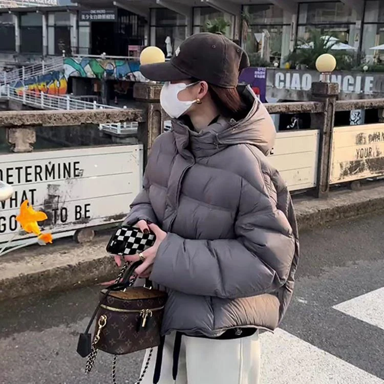 泡芙龟背灰色短款棉服女士2025冬季新款爆款超好看连帽面包服外套