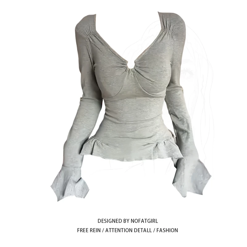 大码女装设计感V领不规则灰色长袖T恤春季新款胖mm巨遮肉显瘦上衣