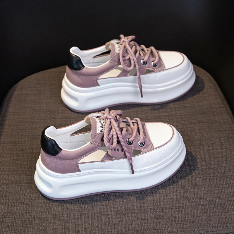 【跟高6CM】厚底镂空春夏板鞋休闲小白鞋牛皮轻便透气