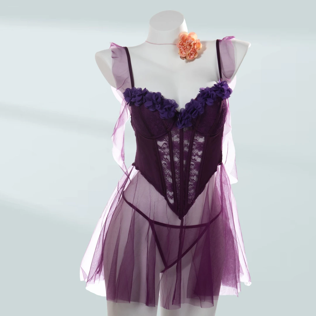 花漾【80-200斤】新中式仙女气质轻奢法式大码蕾丝睡裙瑰A5144