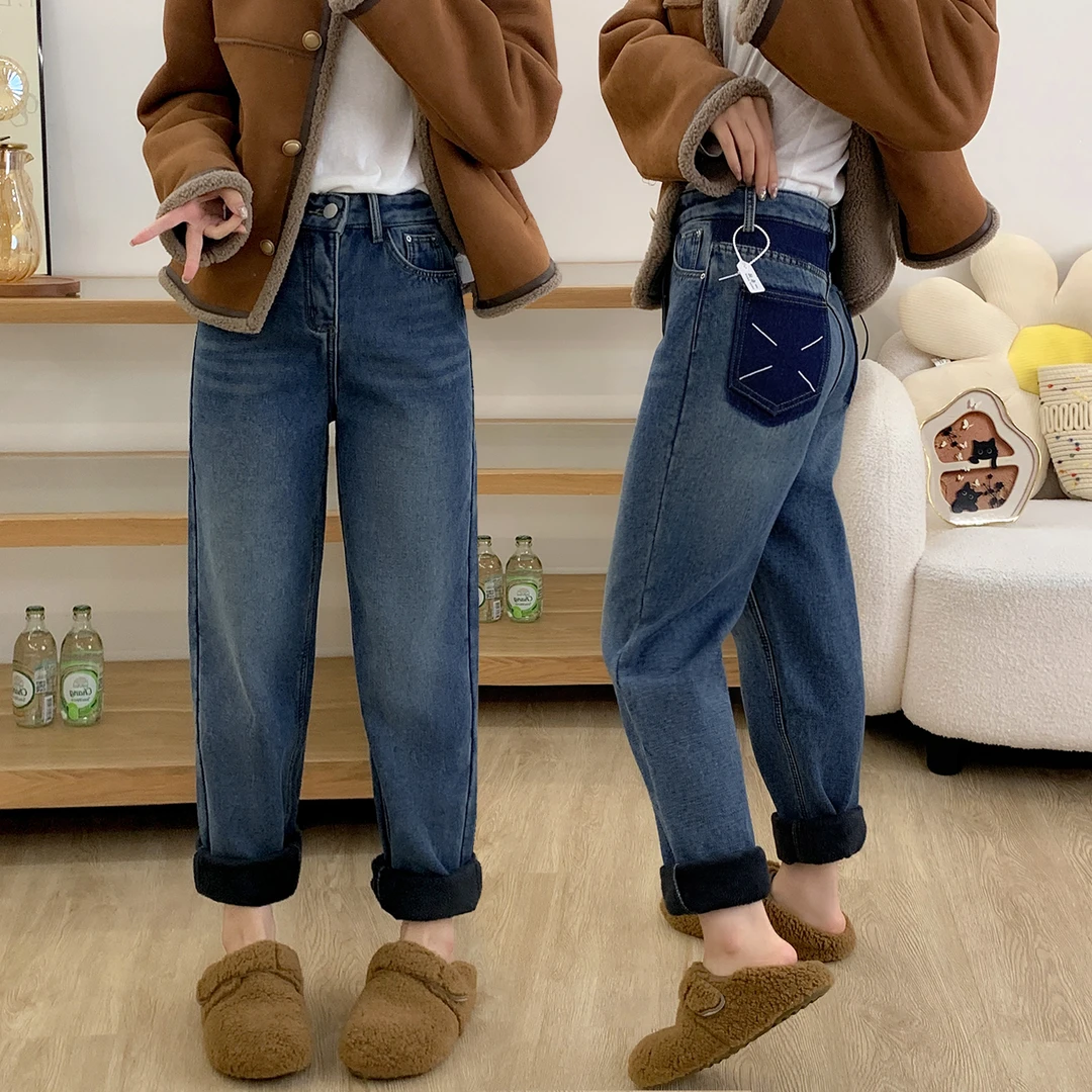 梨形身材高腰显瘦哈伦裤女秋冬季弹力加绒加厚复古蓝直筒牛仔裤子