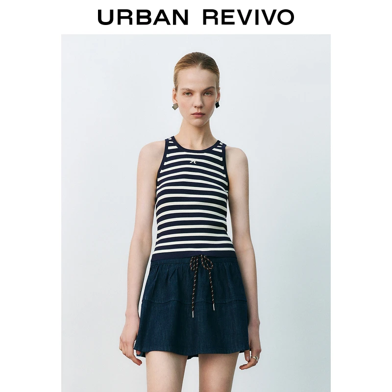 UR2025秋季新款女装撞色条纹刺绣修身无袖针织衫UYY950031