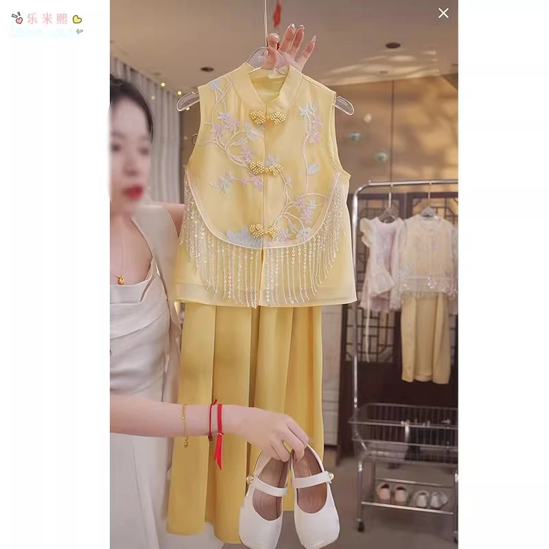 女童无袖中国风阔腿裤套装2025夏季中大童新中式刺绣扎染盘扣裙裤