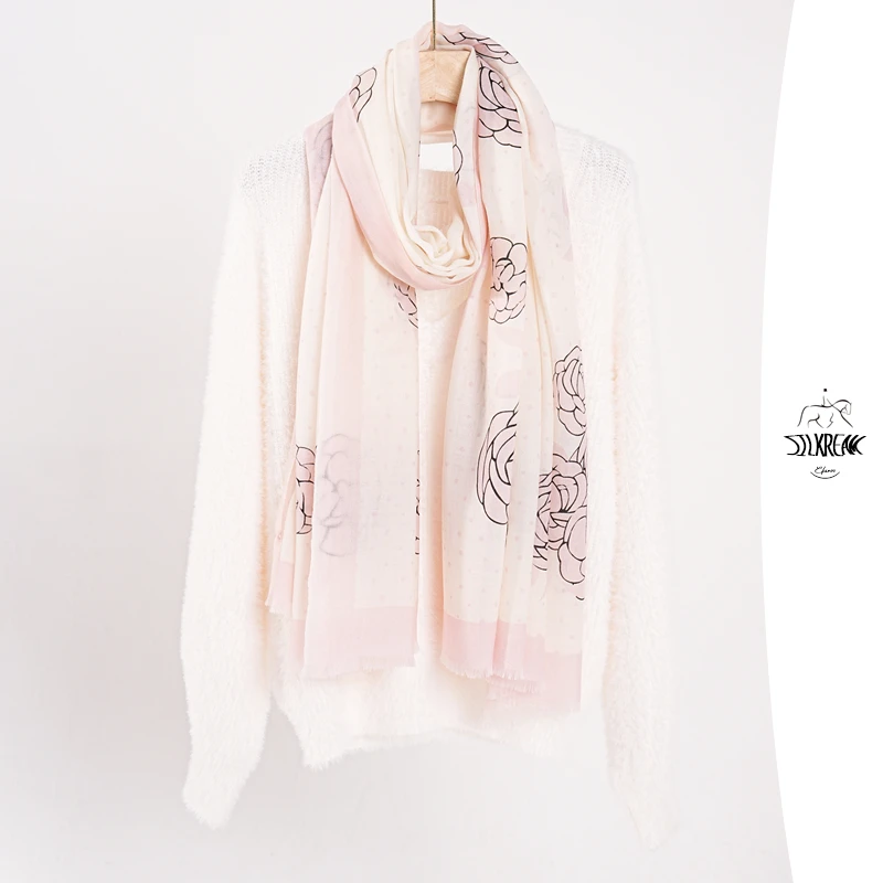 绒韵【心动茶花】山羊绒长巾时尚保暖春夏围巾女士百搭高级