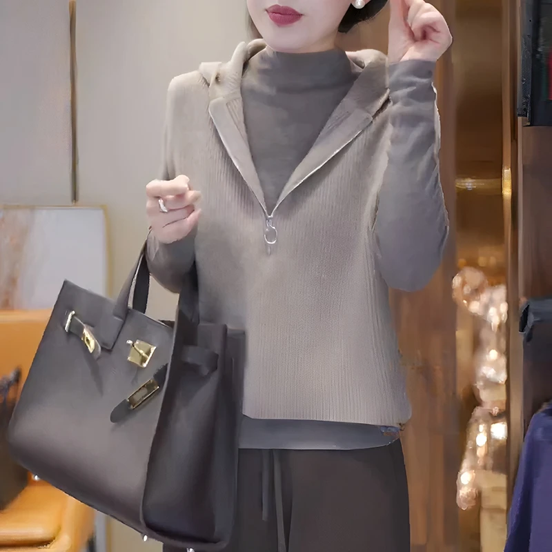 高级感灰色连帽拉链马夹外套女春秋新款时尚休闲无袖针织开衫上衣
