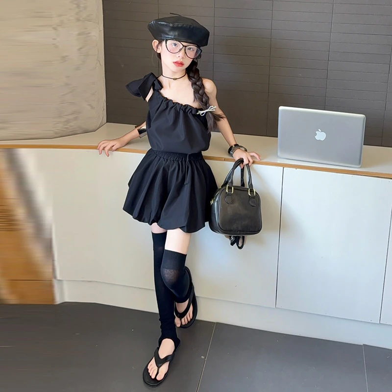 女童斜肩短裙套装夏装2025新款儿童洋气时髦短袖上衣裙裤两件套潮