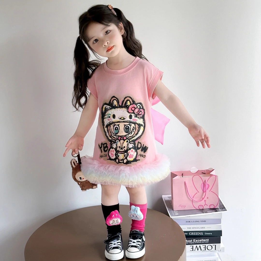 女小童拉布布连衣裙新款女宝宝labubu后背蝴蝶结公主裙网红T恤裙6