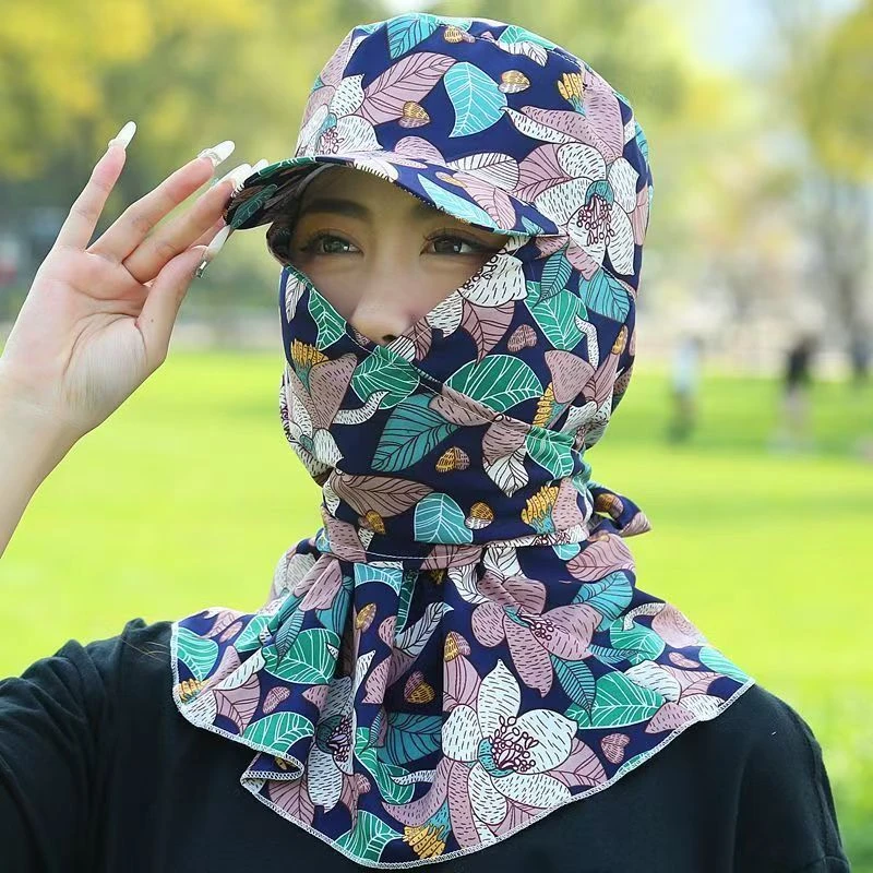 新款遮脸棉绸护颈碎花太阳帽防晒防风夏季防尘农活遮阳帽帽子采茶