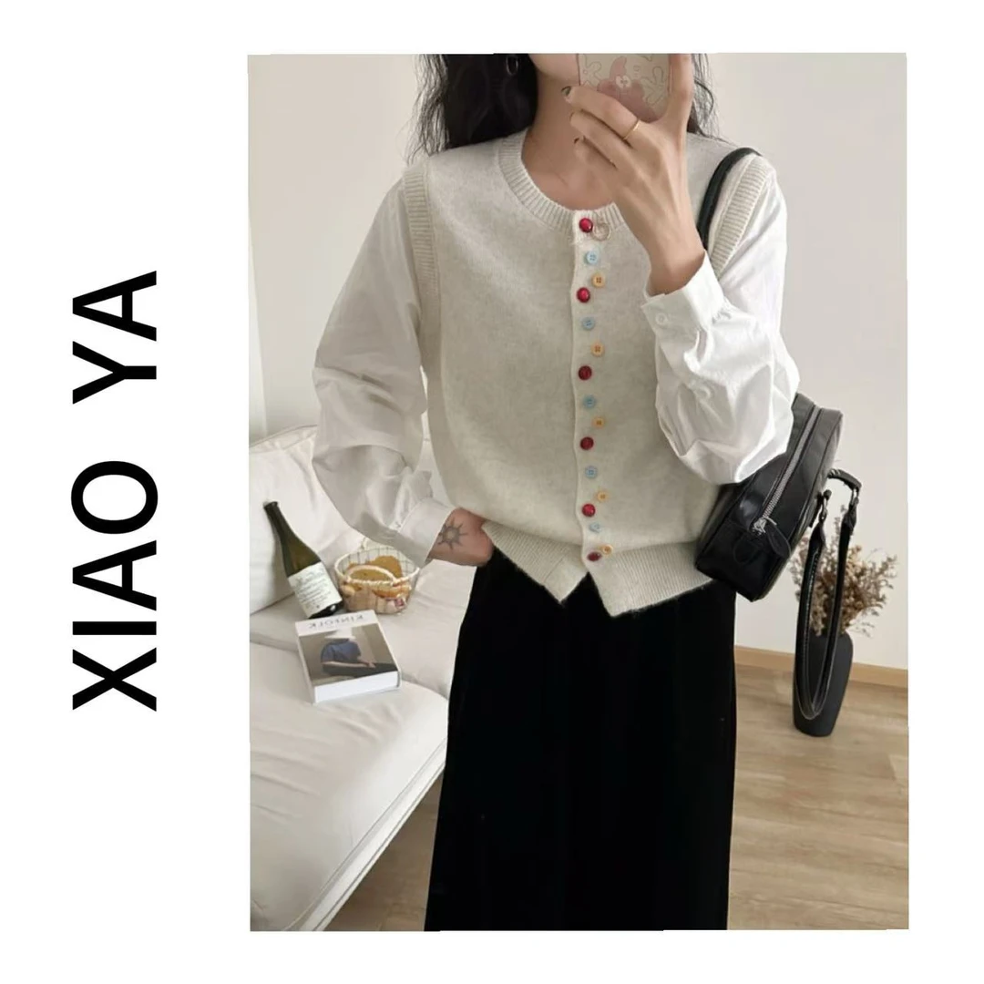 68169春季彩色双扣设计感假两件拼衬衣袖针织上衣