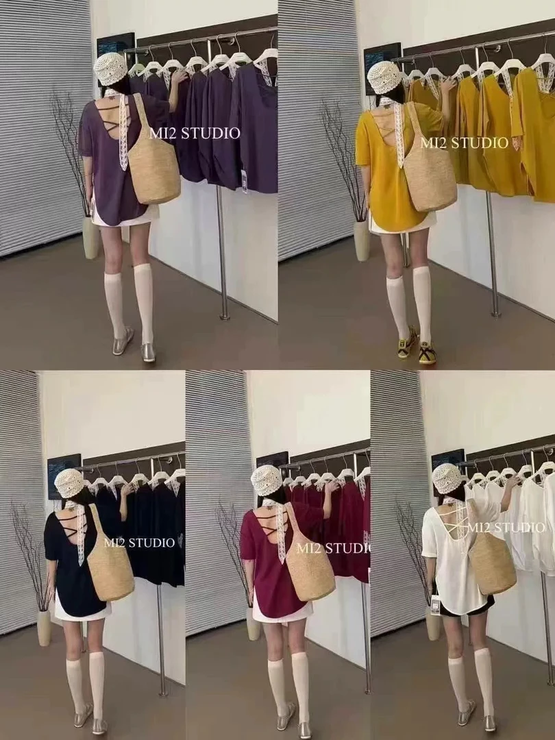 露背常规刺绣镂空圆领短袖T恤女士公主风