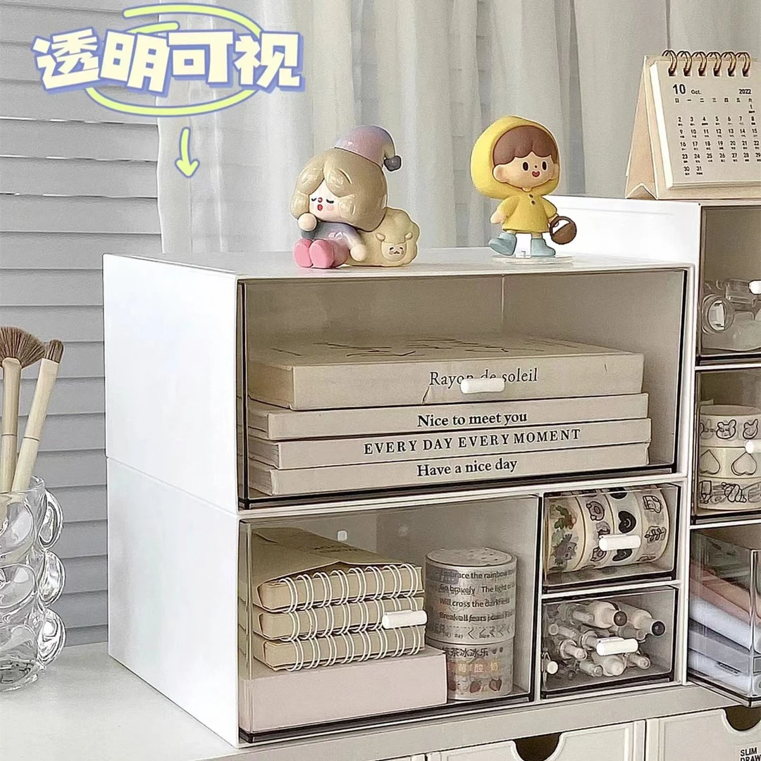透明分格多格简约大容量书桌学生宿舍抽屉式收纳盒胶带置物架 塑