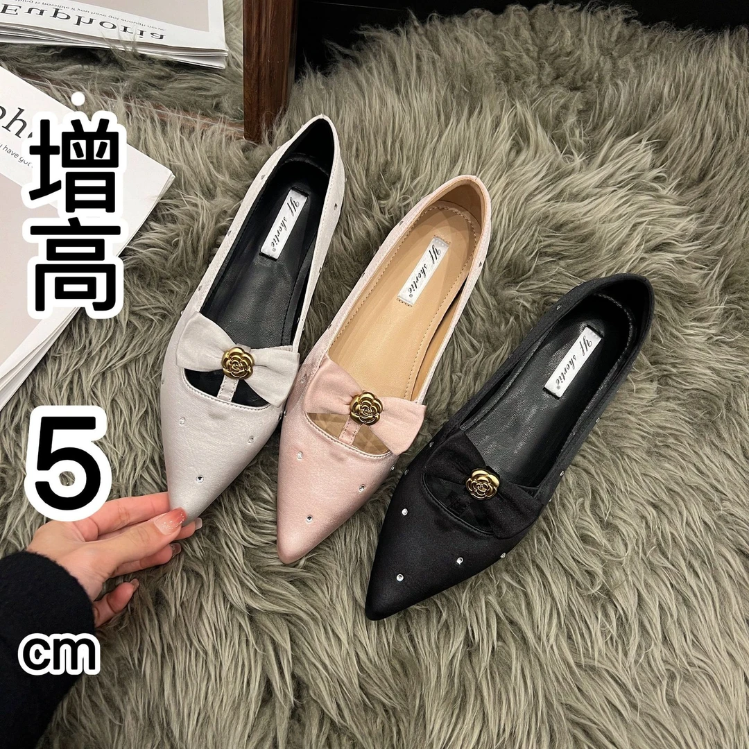 小香风玫瑰金属百搭尖头单鞋女25早春新款爆款蝴蝶结水钻内增高鞋