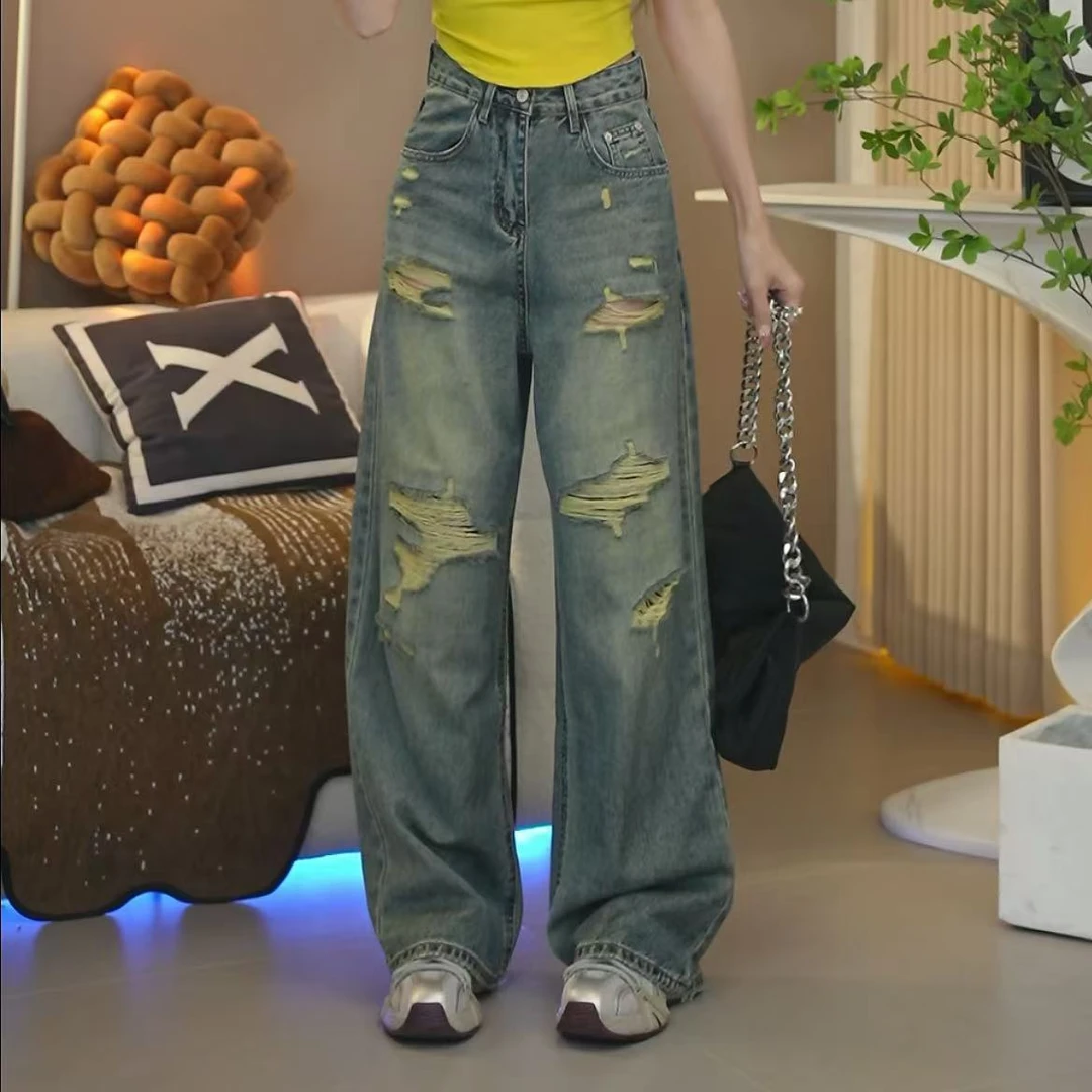笑歌【不规则破洞设计百搭显瘦水洗阔腿牛仔裤】中高腰显瘦百搭