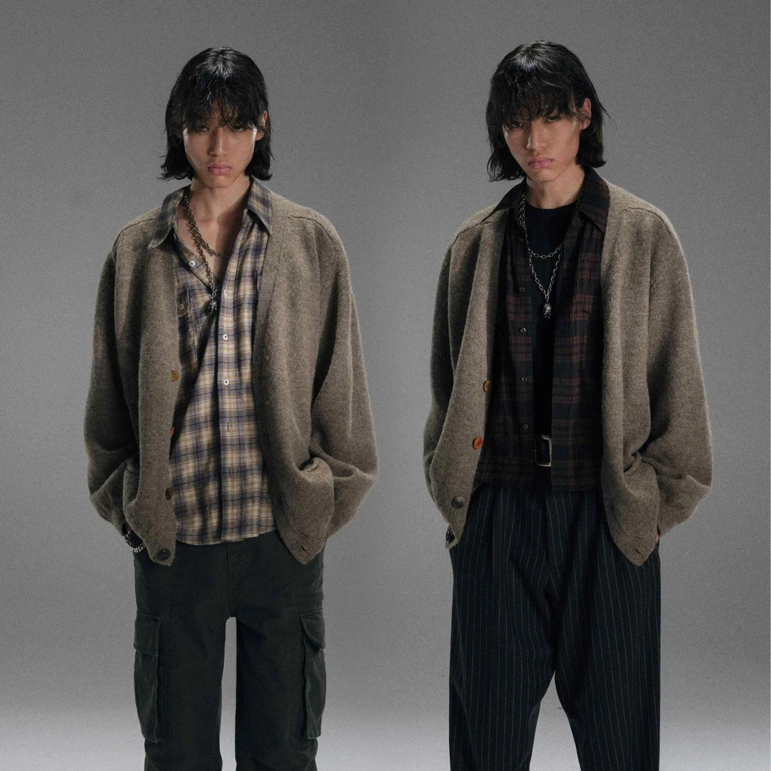 huntingold新西兰100%纯羊毛宽松廓形复古彩扣针织开衫毛衣 1533