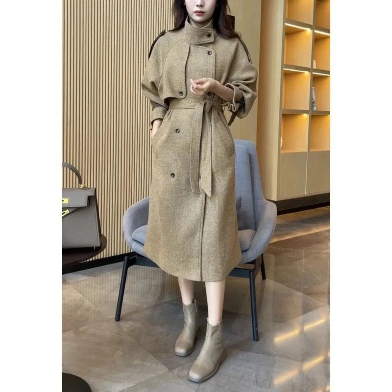 2025新款气质风衣立领时尚长袖小个子显瘦宽松收腰毛呢法式长外套