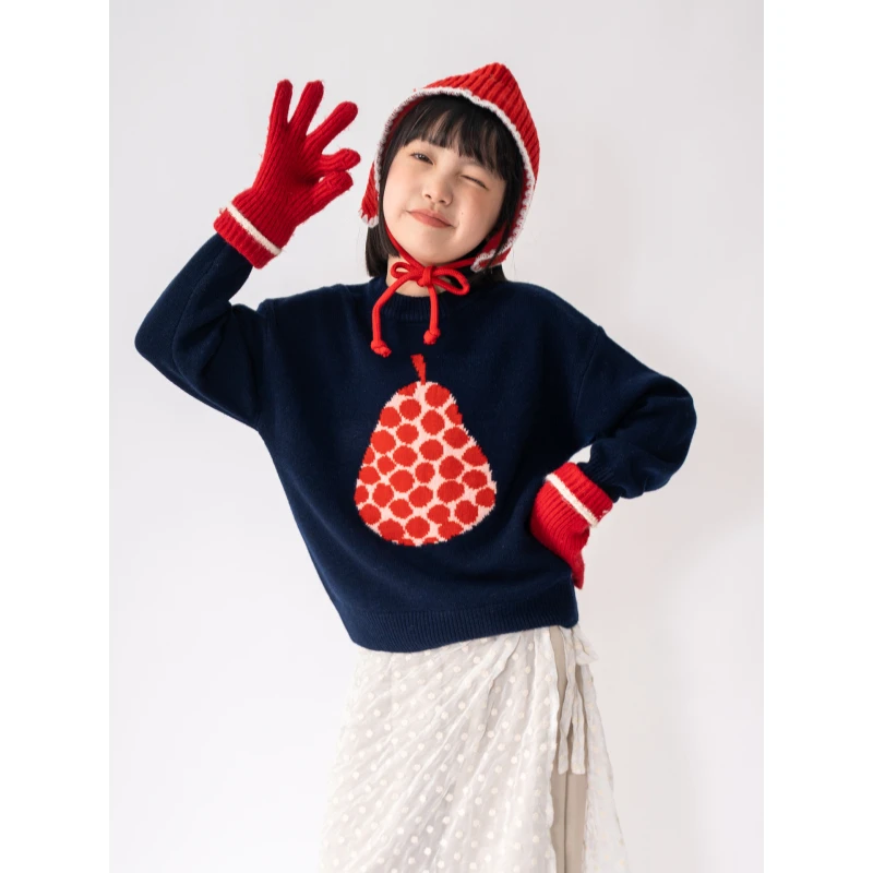“福梨”【100%羊毛】女童梨子水果图案加厚羊毛衫打底儿童毛衣