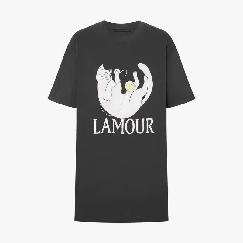 【摩家订单】短袖T恤2025夏新品接触瞬间凉感小猫印花棉质宽松M418