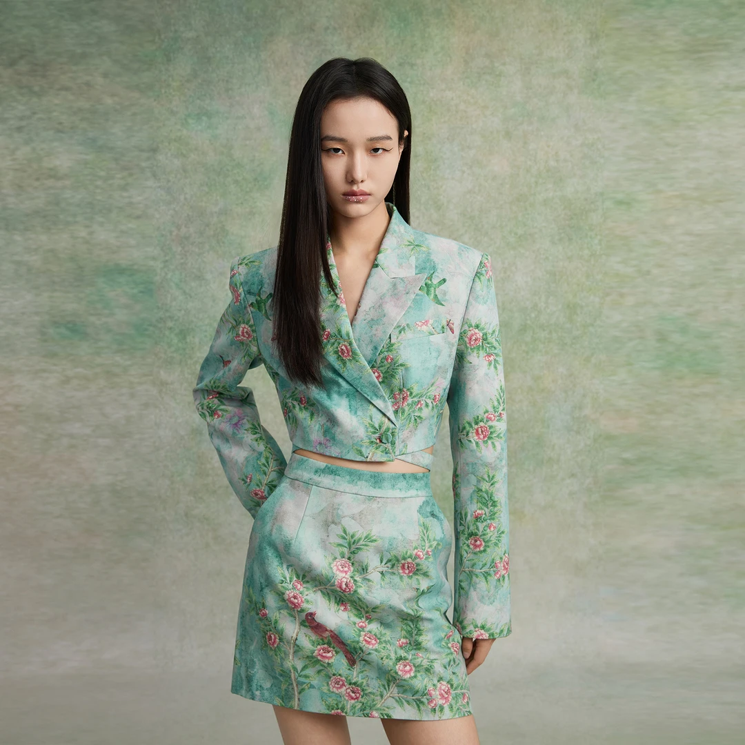 SEJIE色孑  十二花神印花短西装25春夏新款设计感通勤西装外套