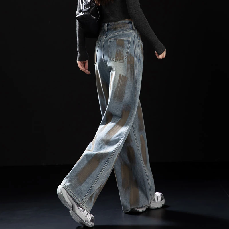 美式高街扎染阔腿裤2025年流行网红女裤加绒牛仔裤女脏脏直筒长裤