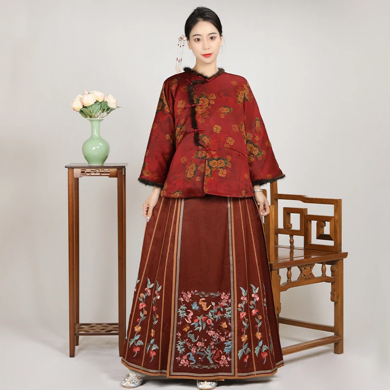 「胭脂红」乐锦坊复古国风原创设计手工定制水貂毛女装汉服棉外套