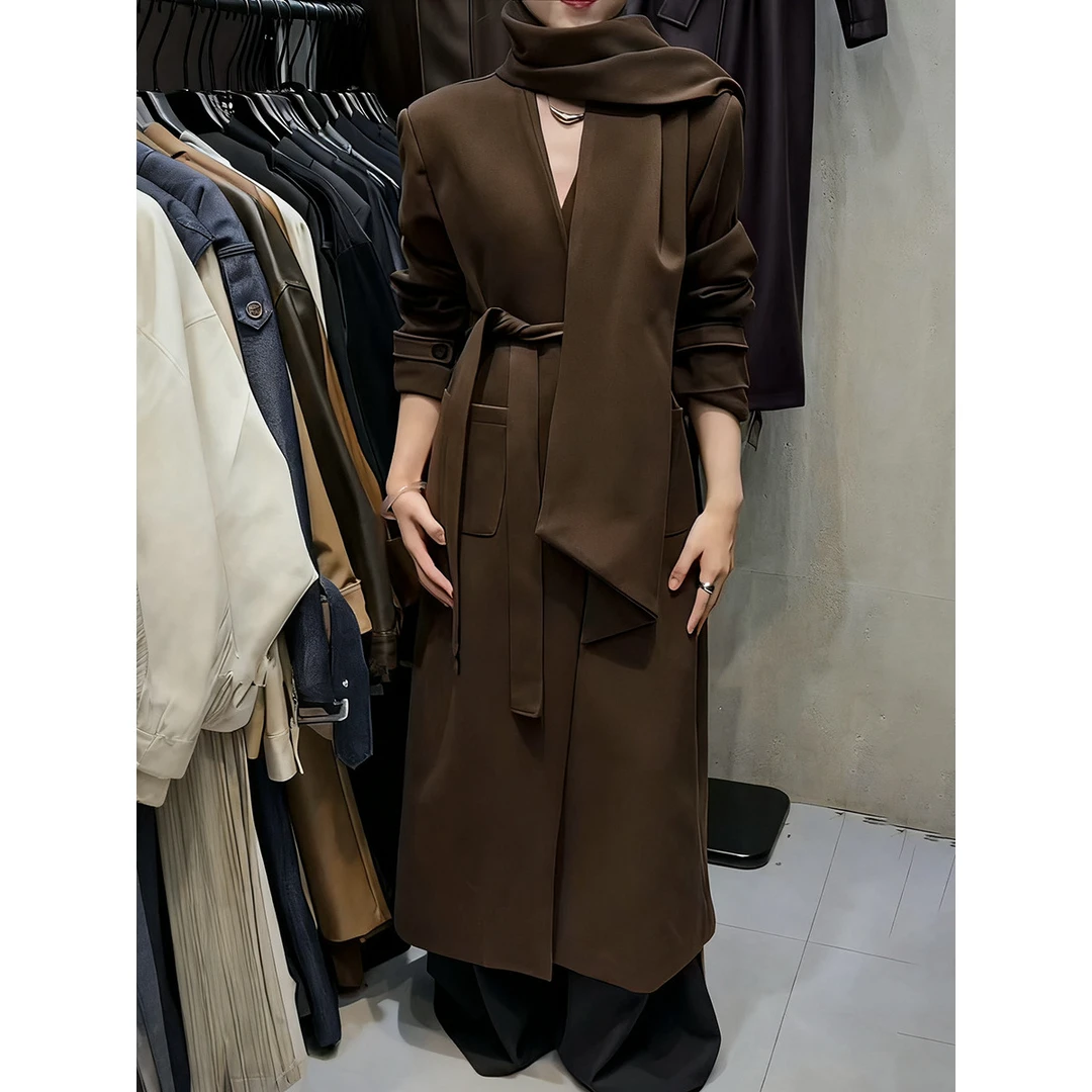2025气质简约复古风大衣新款系带收腰围巾领纯色高级感风衣外套女