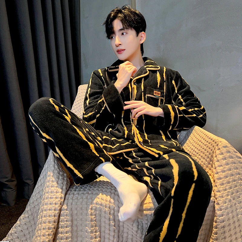 2025秋冬新款男士长袖慕斯绒休闲睡衣舒适加厚保暖套装家居服