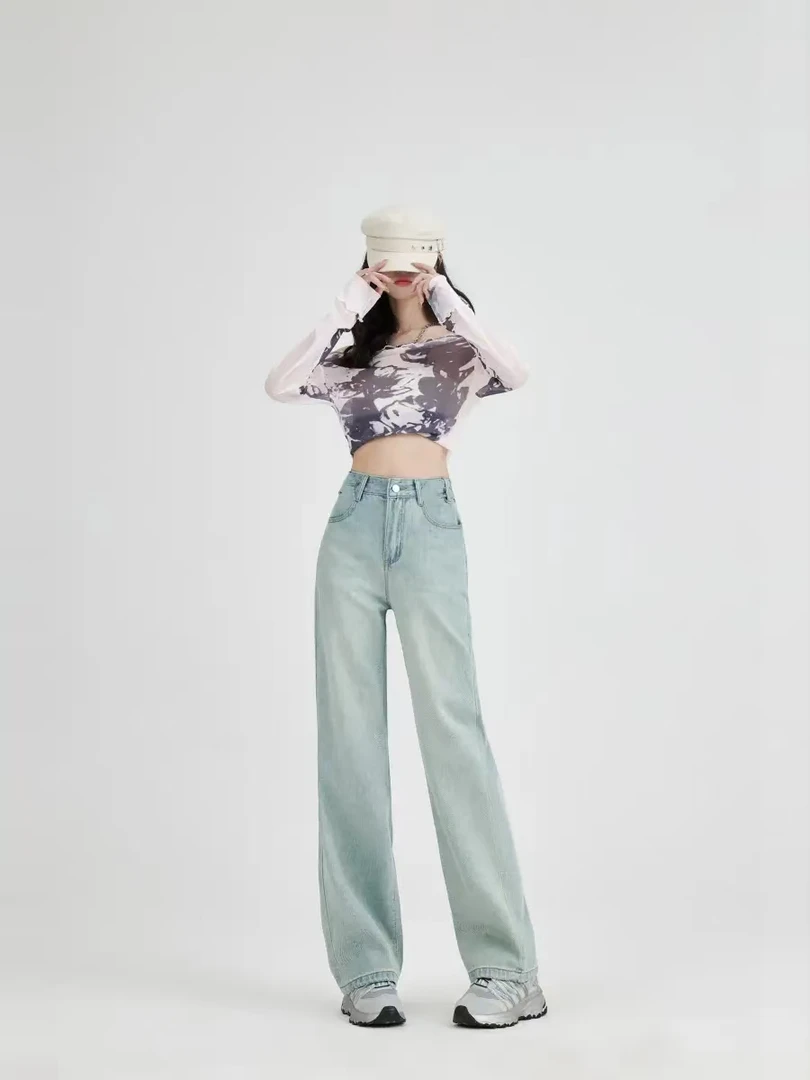 冬款一体植绒（蓝白四面弹）高腰显瘦遮肉女百搭窄版直筒阔腿牛仔裤