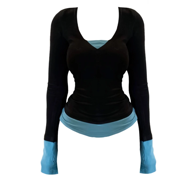 V领假两件撞色设计感长袖T恤春季修身显瘦百搭上衣女