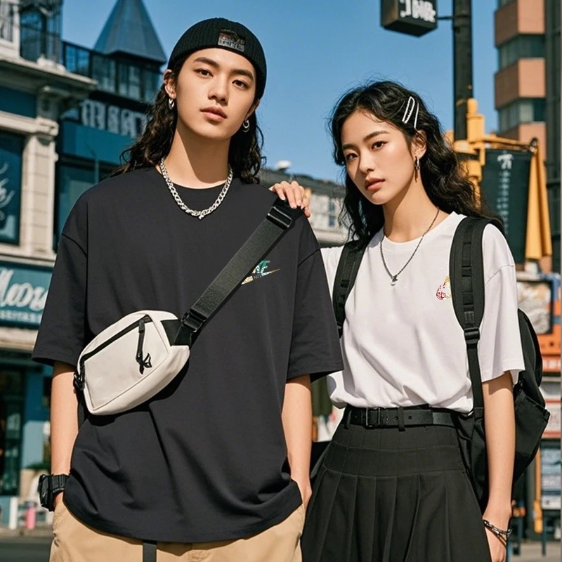 户外运动青年印花夏季短袖T恤上衣情侣装日系男士单肩时尚ins亲子