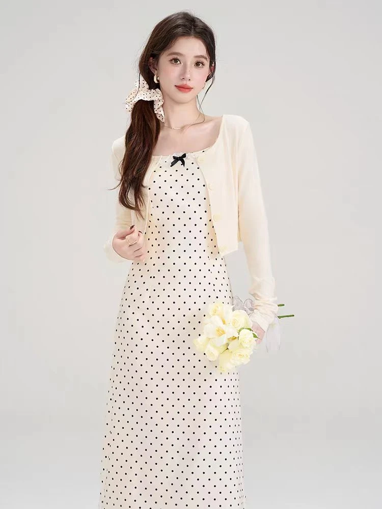 501#波波奶茶 法式白色波点连衣裙2025早春套装开衫吊带裙两件套