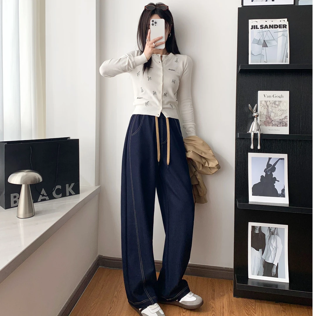 丹宁色冰丝牛仔裤女春夏季2025新款窄版高腰宽松薄款小个子直筒裤