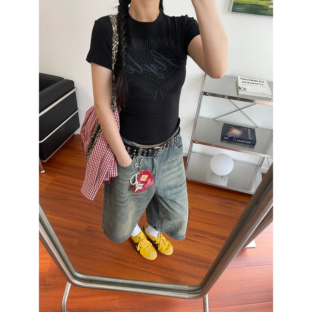 19studio WAYNEPRINCE 爱心字母印花设计感短袖美式辣妹修身短T恤