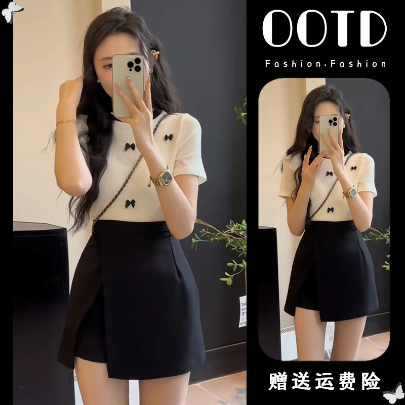 休闲套装女2025新款夏季结别致针织上衣高腰黑色裙裤女士两件套装
