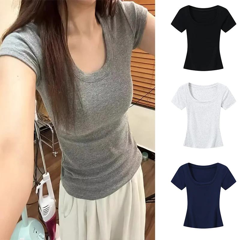正肩修身显瘦U领短袖T恤女夏季新款收腰修身显瘦辣妹百搭短款上衣
