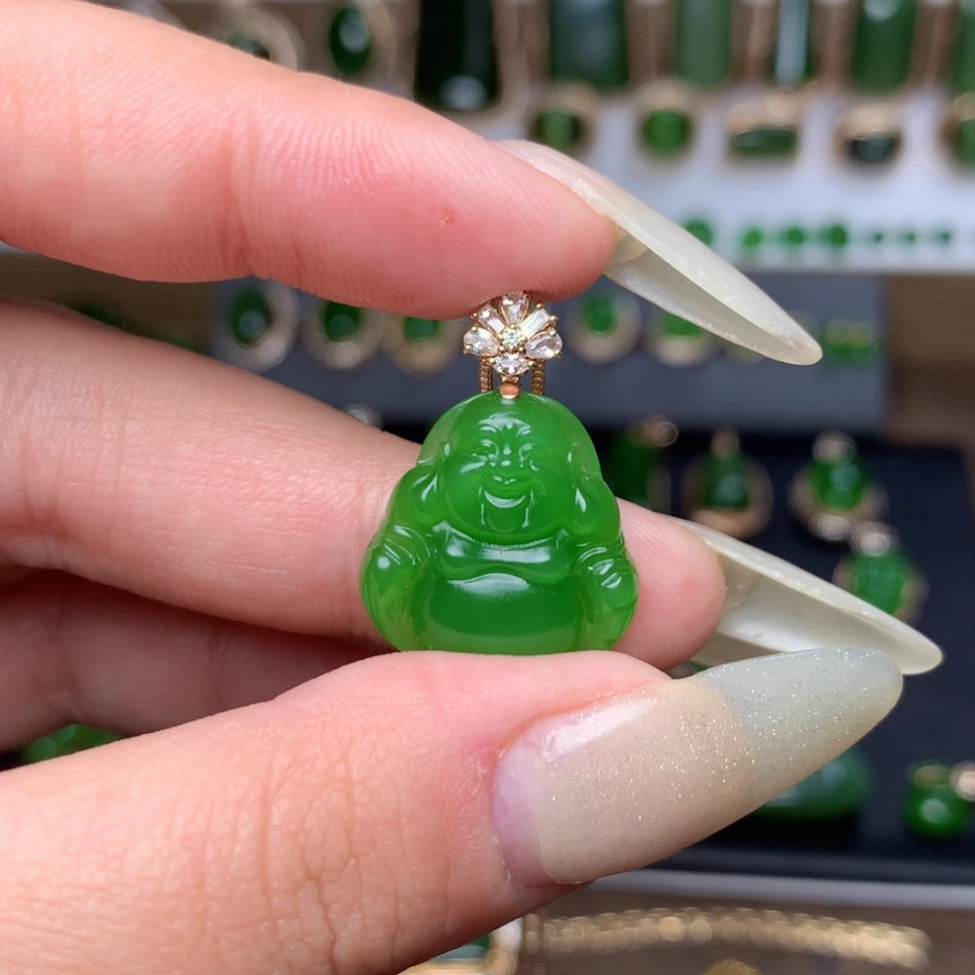 和田玉（碧玉）吊坠18K金镶嵌