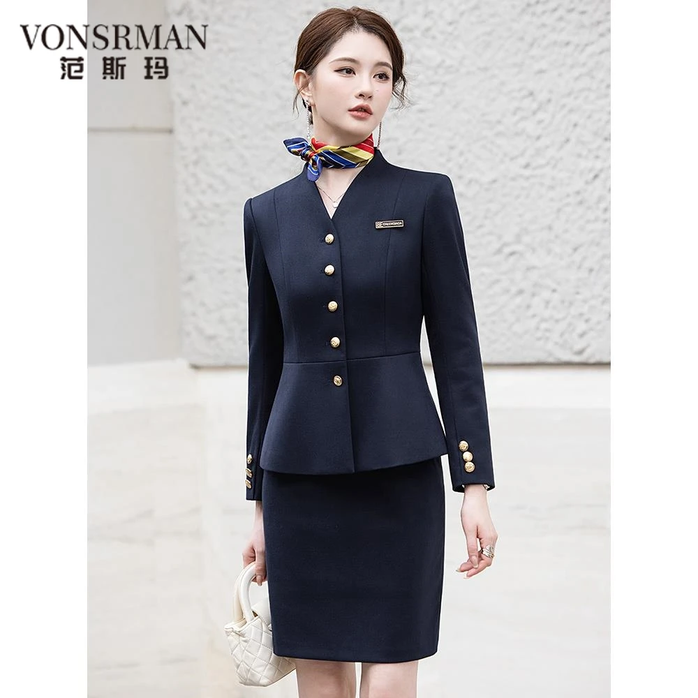 蓝色西装套装女秋季珠宝店美容院工作服职业气质酒店前台接待工装