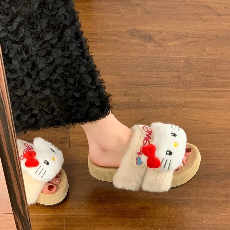 可爱卡通KT猫厚底一字拖女2025新款秋冬季外穿防滑保暖懒人毛毛拖