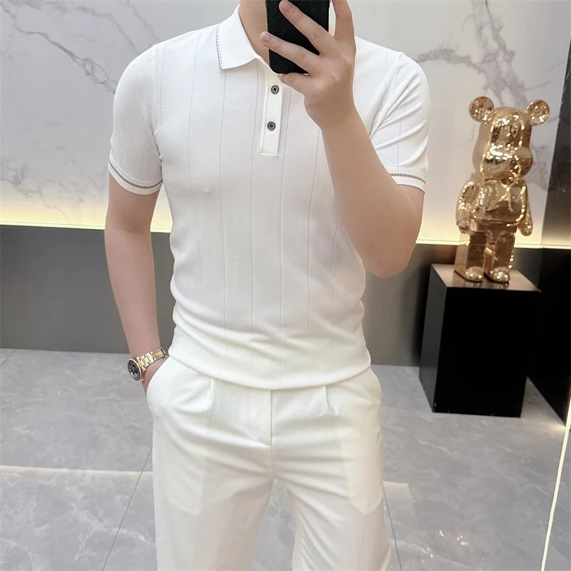 2025欧货轻奢男士针织冰丝短袖T恤男POLO衫纯色百搭夏季上衣86099