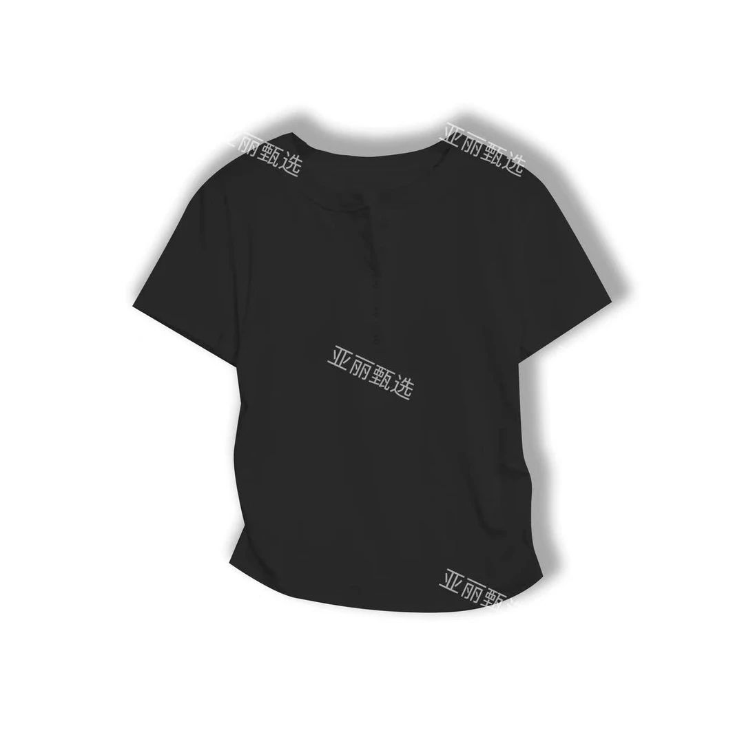 显瘦侧边褶皱正肩前开扣侧面打揽修身小T 81228(DG)