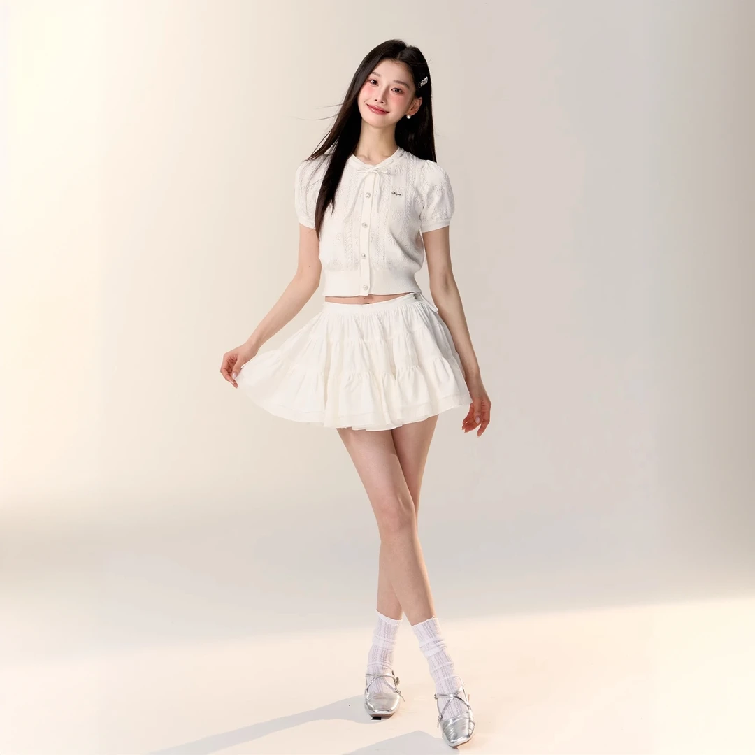 原创设计蝴蝶结系带收腰针织T恤短袖上衣女夏季新款小众