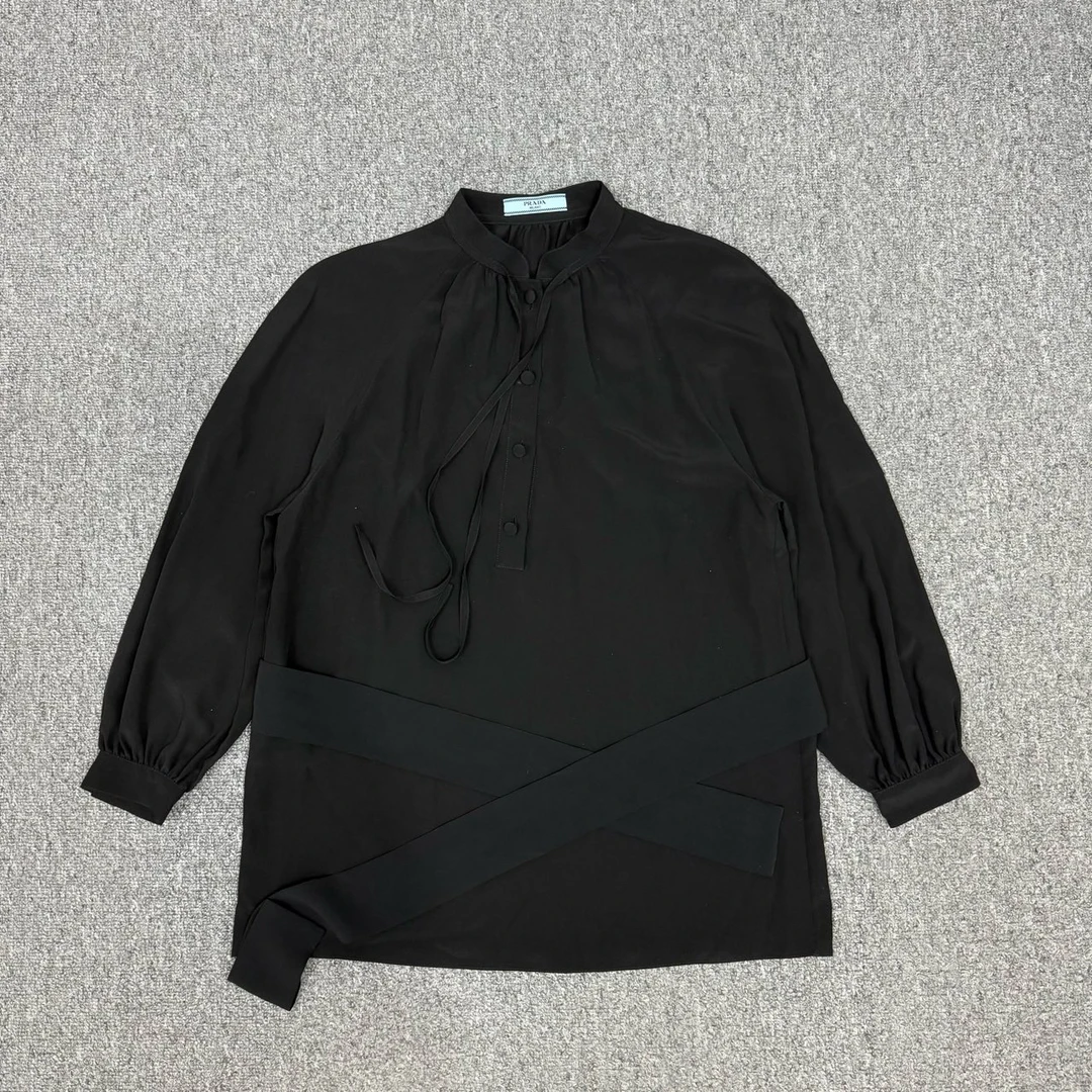99新 Prada/普拉达 13487962 nz 普拉达 黑色绑带长款衬衫 38码
